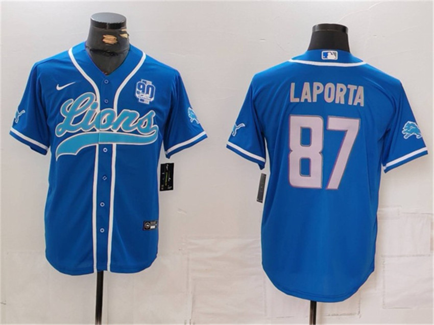 Men's Blue Detroit Lions #87 Sam LaPorta With 90th Anniversary Patch Cool Base Stitched Baseball Jersey